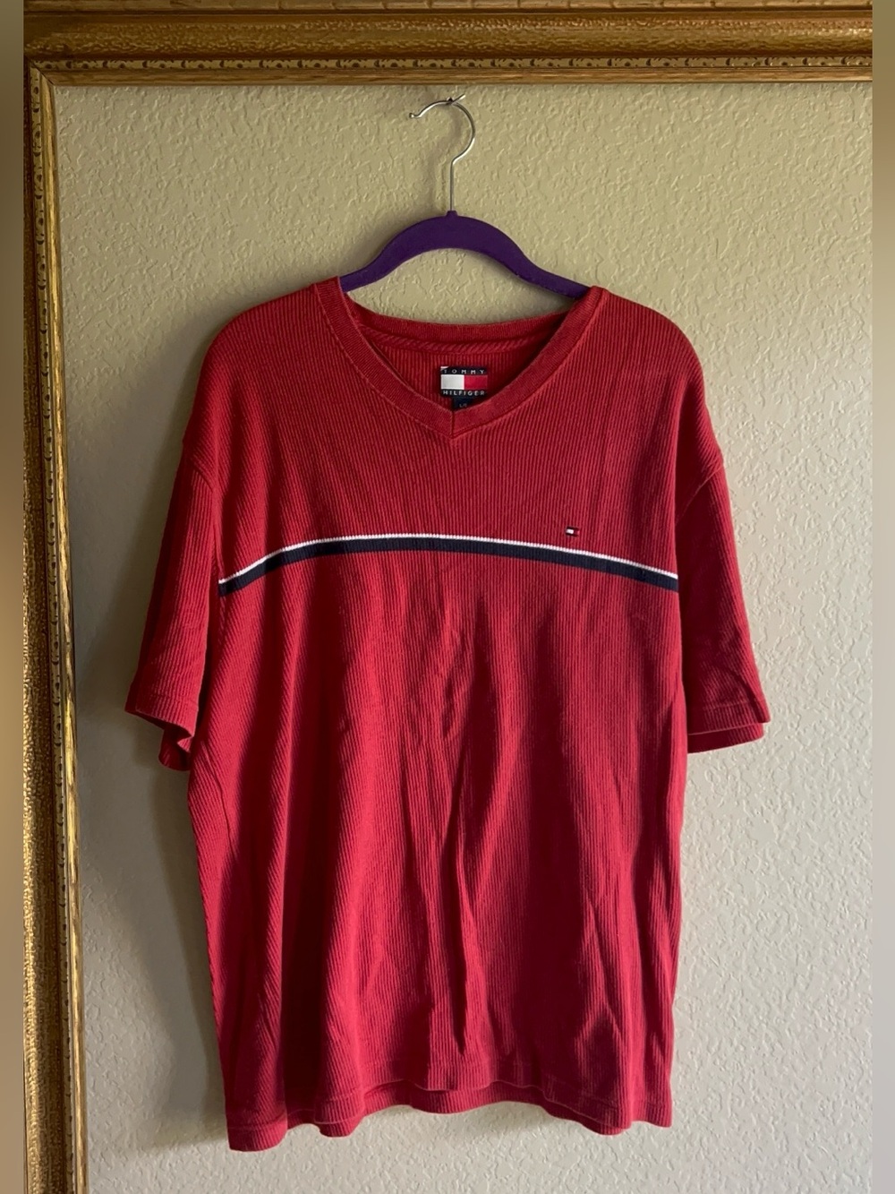 Vintage Tommy Hilfiger Red V-Neck Short Sleeve Tee with Navy & White Stripe